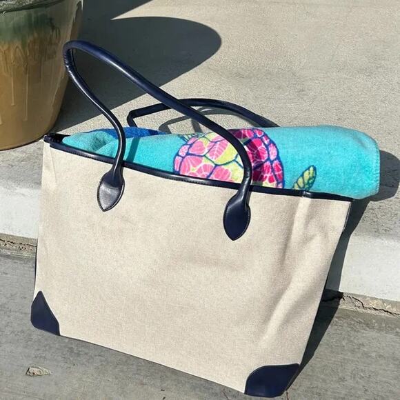 Carryall Tote Bag Beige and Navy Blue - Picture 2 of 5